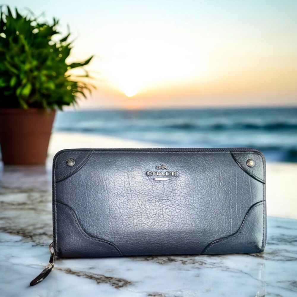 COACH Mickie Accordion Zip Leather Wallet in Metallic Dark Blue